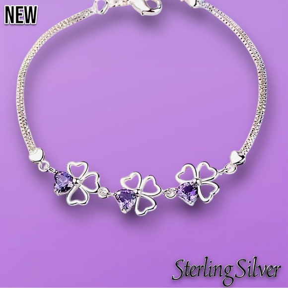 New .925 Sterling Silver Purple crystal Lucky Clover Bracelet - Picture 3 of 4
